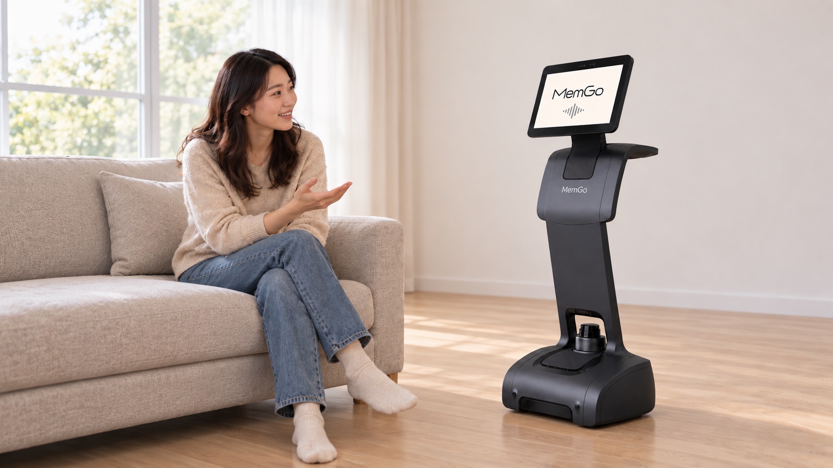 Illustrative home setting with one person speaking to MemGo